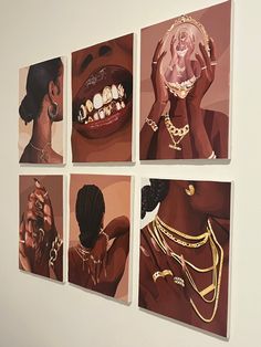 four paintings on the wall of a woman's face with gold jewelry and necklaces