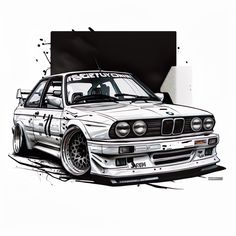 an artistic drawing of a white bmw car