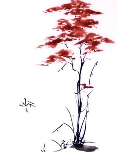 a painting with red flowers on white background