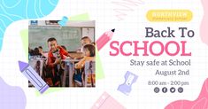 the back to school flyer is shown with children sitting at desks in front of a chalkboard