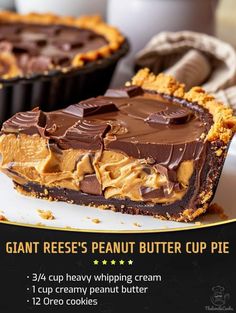 there is a piece of peanut butter cup pie on the plate with it's crust