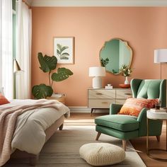 a bedroom with peach walls and green chairs in front of the bed, mirror on the wall