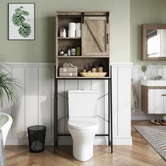 a white toilet sitting next to a wooden cabinet on top of a hard wood floor