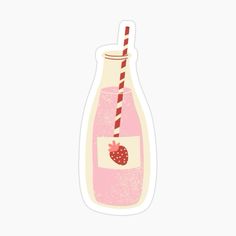 a strawberry milkshake sticker with a straw in the bottle and a pink background