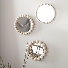 three circular mirrors mounted on the wall next to a plant