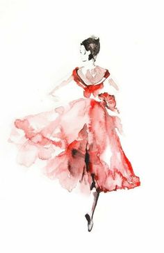 a watercolor painting of a woman in a red dress