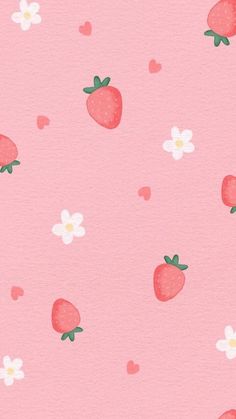 a pink background with hearts and strawberries on it's side, as well as small white flowers