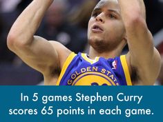 a basketball player is about to dunk the ball with his hands in the air and text that reads, in 5 games stephen curry scores 6 points in each game