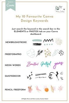 the front cover of my favorite canva design keywords, which includes handwritten text and