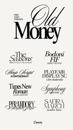 an advertisement for old money with different font styles and typograms on it