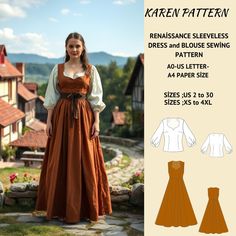 Renaissance Medieval Sleeveless Dress and Blouse Pattern,Vintage Sewing pattern,Fairy, Regency, Elf dress, Tea length Dress,Halloween costume , Elegant Dress +,available as an instant download (pdf) sewing pattern bundle with a range of size options, including plus sizes ⭐US Sizes: 2, 4, 6, 8, 10, 12, 14, 16, 18, 20, 22, 24, 26, 28, 30 ⭐Standard Sizes: XS, S, M, L, XL, 2XL, 3XL, 4XL ⭐These patterns are suitable for A4, A0, and US Letter size papers. ⭐Once your payment is processed, you will automatically receive download links for the pattern files. Please note that you can only download the files from a computer; they will not work on a phone or iPad. ⭐This is a digital product. You will receive zip files containing the patterns and sewing instructions. ⭐Due to the nature of digital downl Hobbit Sewing Pattern, Medieval Dress Patterns, Fantasy Dress Pattern, Viking Dress Pattern, Medieval Dress Diy, Elvish Dress, Medieval Dress Pattern, Peasant Dress Patterns, Dress And Blouse