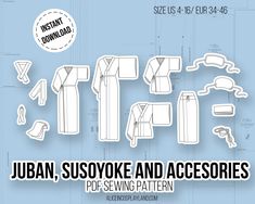 Makes a traditional kitsuke kit to wear as underwear with your kimono that includes several types of juban, susoyoke, obi accessories and more. The set includes instructions to make nagajuban, hanjuban, hadajuban, hadagi, susoyoke, obi ita, obi makura, obiage, datejime, han eri, eri shin and koshihimo. With this pattern you can make your own Japanese outfit, costume or cosplay, perfect for those who have no time to make their own patterns but would like to create their own clothes in an easy way Plus Size Patterns, Diy Sewing Clothes, Japanese Outfits, Sewing Skills, Pdf Sewing Patterns, Sewing Clothes, Comfy Outfits, Halloween Outfits, Dressmaking