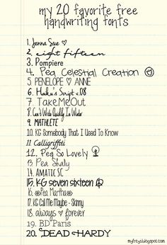 a handwritten list for my 20 favorite free handwriting writing fonts on lined paper