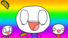 two cartoon characters are standing in front of a rainbow colored background and one has his tongue out