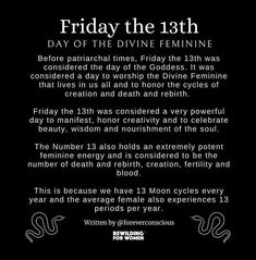 a black and white photo with the text friday the 13th day of the divine feminine