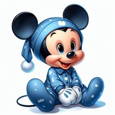 a cartoon mickey mouse sitting on the ground wearing a blue hat and jacket with white polka dots