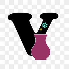 a vase with flowers in it and the letter v behind it, on a transparent background