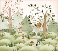 a painting of animals in the woods with trees and mushrooms around them, including an acorn