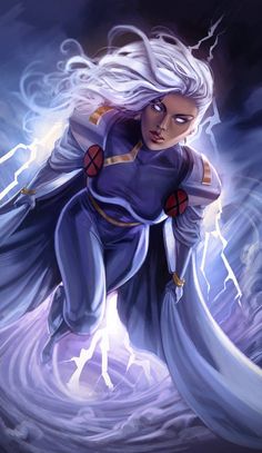 a woman with white hair and blue eyes is flying through the air in front of lightning