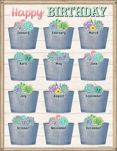 Rustic Bloom Happy Birthday Chart Happy Birthday Chart, Garden Theme Classroom, Birthday Chart Classroom, Plants Classroom, Birthday Board Classroom, Birthday Chart, Succulent Theme, Birthday Bulletin Boards, Birthday Bulletin