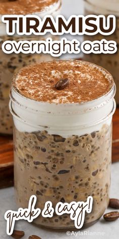 two jars filled with overnight oats on top of a table