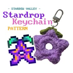 a purple keychain with a pixel design on it and the words stardrop keychain written in large letters