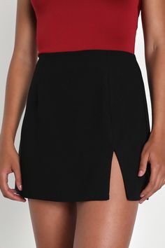 The perfect look for a flirty rendezvous starts with the Lulus Tempting Charm Black High-Rise Bodycon Mini Skirt! Lightweight crepe knit shapes this on-trend skirt that features a high-waisted fit (with seam detailing for a tailored effect) and a figure-skimming bodycon silhouette. The mini hem boasts a notched detail for an extra-flirty finish. Hidden back zipper/clasp. Fit: This garment fits true to size. Length: Mid-thigh. Size small measures 15" from waist to hem. Waist: Fitted - very fitted Short Black Skirt, Bodycon Mini Skirt, High Rise Skirt, Lulu Fashion, Work Skirts, Goth Outfits, Black Mini Skirt, Casual Skirt, Bottom Clothes