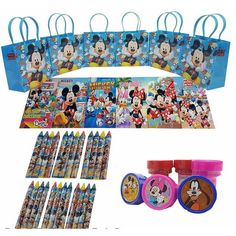 mickey mouse birthday party supplies including markers and pencils