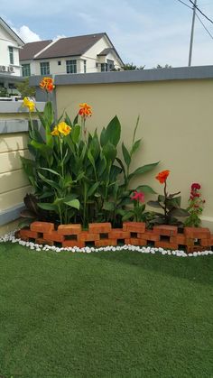 a small garden with flowers and plants in the grass next to a fenced area