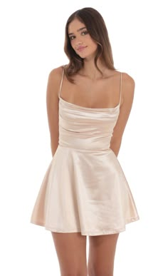 Satin Cowl Neck Dress in Champagne | LUCY IN THE SKY Winter Dance Dresses, 8th Grade Dance Dresses, Satin Cowl Neck Dress, Cotillion Dresses, Hoco Dress Inspo, Grade 8 Grad, Middle School Dance, Dance Dress Ideas, Bat Mitzvah Dresses