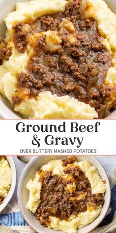 ground beef and gravy over buttery mashed potatoes