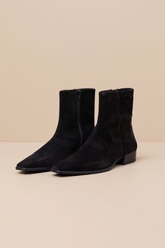 Classically chic OOTDs are endless when you have the Vagabond Nella Black Suede Leather Ankle Boots! These timeless boots feature a genuine suede leather construction that shapes a squared, pointed-toe upper and a seamed vamp that rises to an ankle-high shaft. A 6.5"" zipper at the instep makes for easier styling, while a stacked low block heel completes the sophisticated look! Available in Euro sizes only. 1" stacked block heel. Lightly cushioned insole. Rubber sole has nonskid markings. Genuin Ankle High Heel Boots, Timeless Boots, Black Suede Ankle Boots, Low Block Heels, Heel Boots, Suede Ankle Boots, High Heel Boots, Leather Ankle Boots, Black Suede