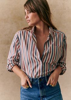 Long sleeve shirt;Oversized volume;Chest pocket;Liquette bottom;Mother of pearl buttons;Length from shoulder 73 cm / 28.7 in (EU36/UK8) Shirt Stripes, Chemise Rose, Denim Suit, Blue Hearts, Polo Sweatshirt, Shirt Striped, Cotton Textile, Light Denim, Embroidered Shirt