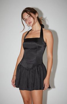 Beverly and Beck Satin Halter Drop Waist Mini Dress | PacSun 2000s Dress, Black Dresses Classy, Fluffy Skirt, Halter Strap, Black Short Dress, Dreamy Dress, Dropwaist Dress, Hoco Dresses, Gorgeous Gowns