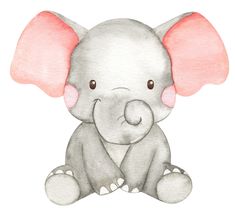 a watercolor drawing of an elephant with pink ears and tusks sitting on the ground