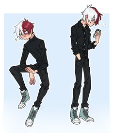 an anime character with red hair and black clothes