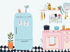 a kitchen scene with an oven, refrigerator and potted plants