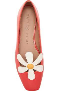 Katy Perry The Evie Daisy Flat (Women) | Nordstrom Fun Flats Shoes, Pumps Shoes Flat, Mid Converse, Painted Heels, Adidas Yeezy Slides, Quirky Shoes, Dress Barbie Doll, Radiant Red, Embellished Flats