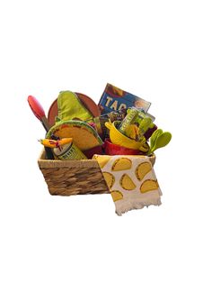 a basket filled with food sitting on top of a table