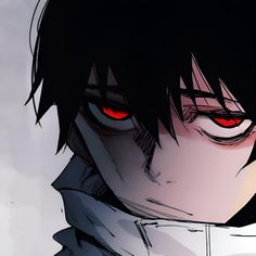 an anime character with red eyes and black hair