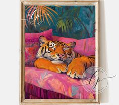 a painting of a tiger laying on a pink couch with palm trees in the background