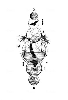 a black and white drawing of an ocean scene with birds flying over the water, palm trees