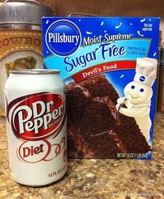 a can of dr pepper's diet coke next to a box of sugar free cake mix