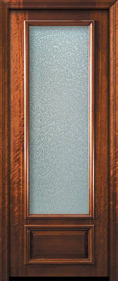 a wooden door with frosted glass on it