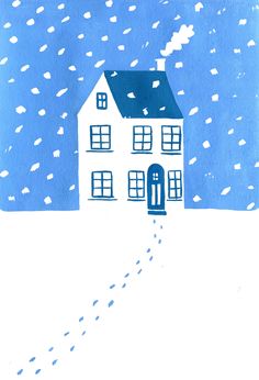 a drawing of a house on a snowy day with footprints coming out from the door