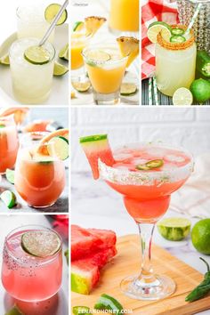 several different types of cocktails with lime and watermelon garnishes