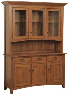 a wooden hutch with glass doors and drawers