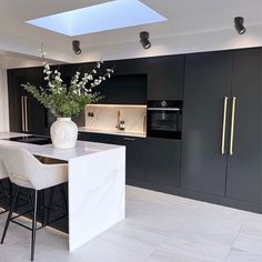 a modern kitchen with black cabinets and white counter tops, an island bar has a plant in it