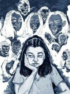 a drawing of a girl surrounded by many faces