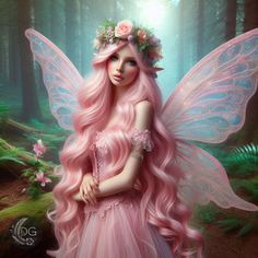 a pink fairy with long hair and flowers on her head is standing in the woods